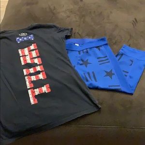 Under Armour T-shirt and adidas 3/4 crop leggings